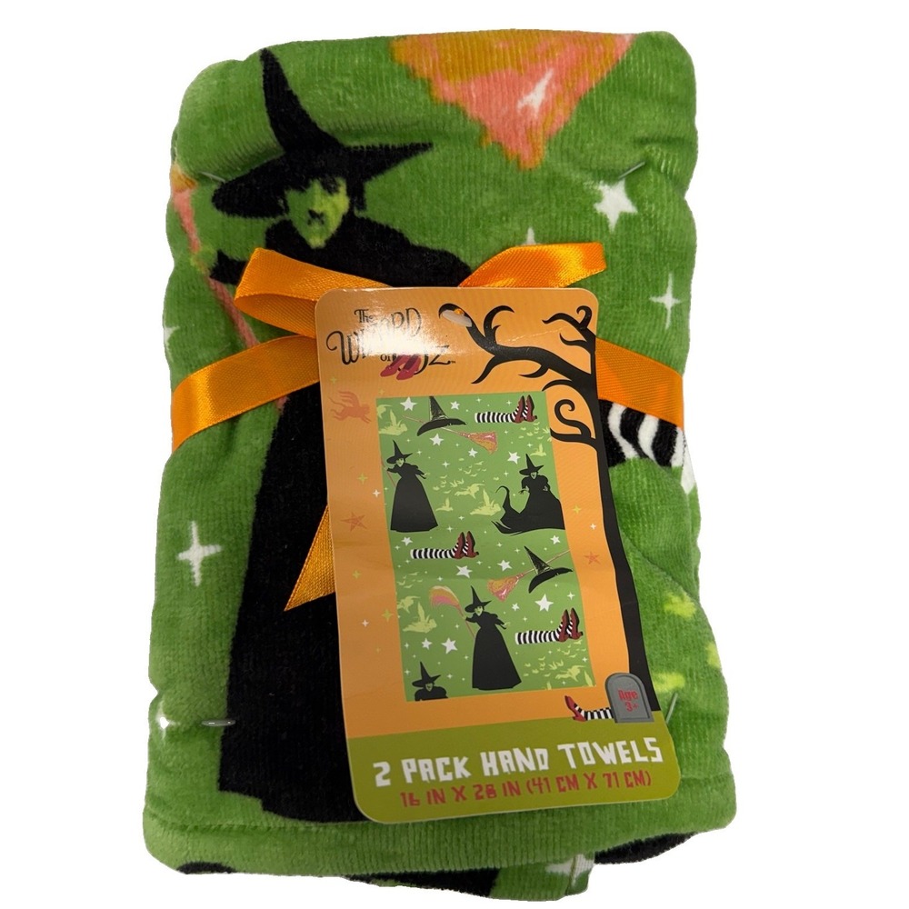 NWT Wizard Of Oz Wicked Witch Hand Towel Set Of 2 Green Kitchen Towels 16x28